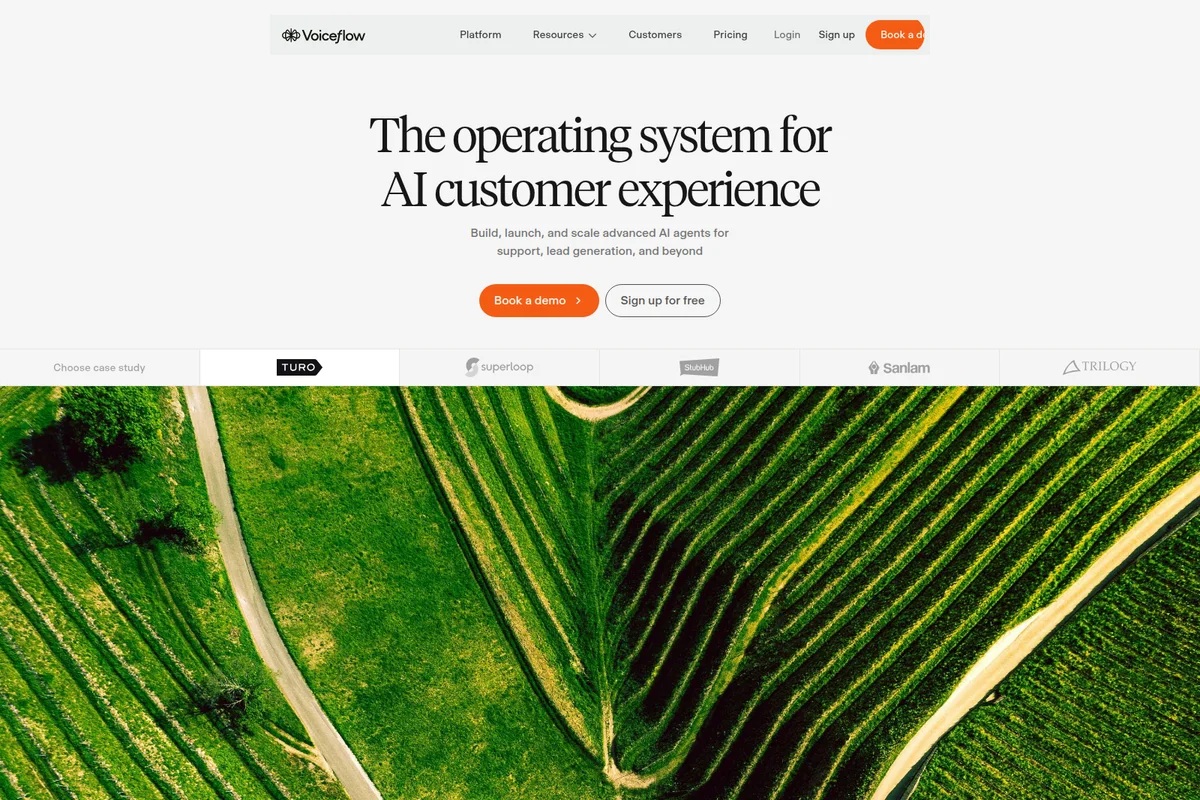 Voiceflow homepage displaying its core value proposition for AI customer experience with a clean, inviting design.