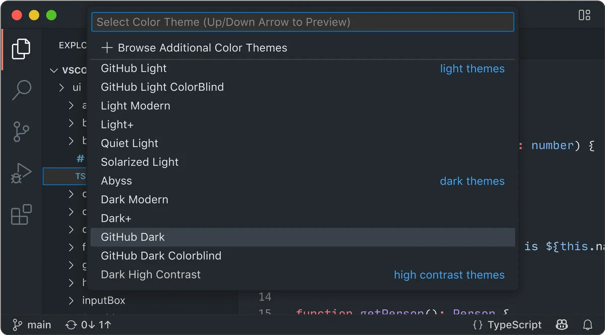 VS Code code editor workspace showing the command palette open to select a color theme with a dark-mode interface.