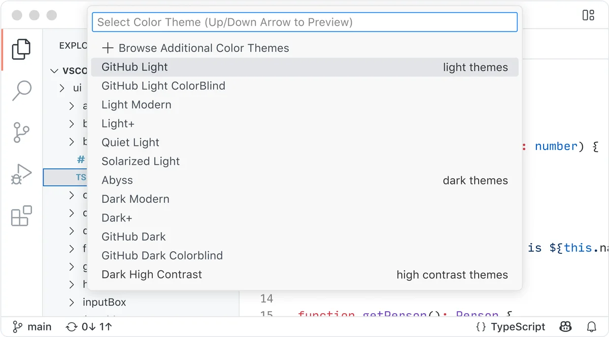 VS Code workspace UI showing color theme selection with 'GitHub Light' highlighted and a light-themed code editor.