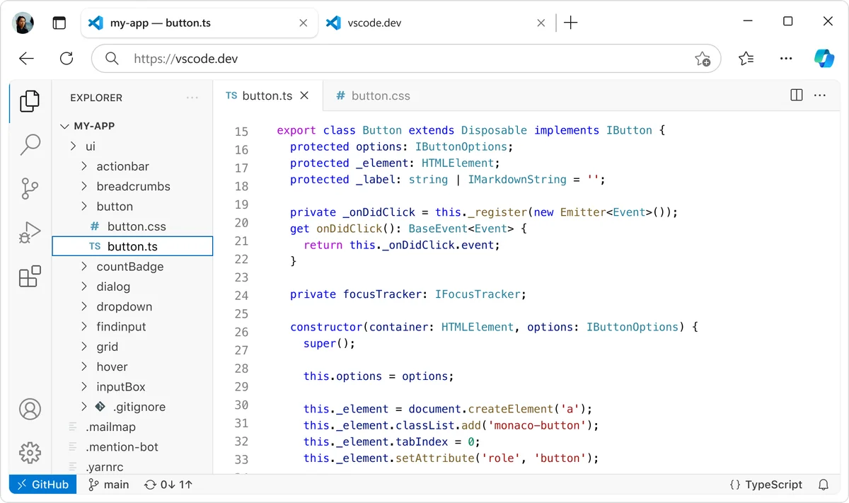 VS Code web editor showing TypeScript code for a button component in a clean light theme browser interface.