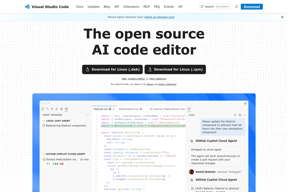 Visual Studio Code homepage showing its AI code editor with GitHub Copilot agent suggesting code refactoring in a clean, modern interface.