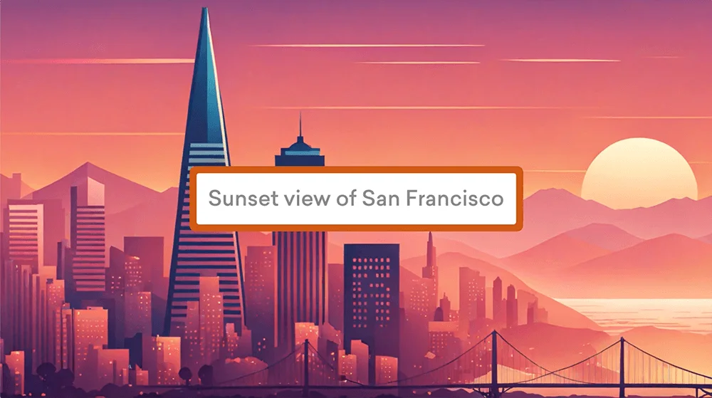 Vyond output sample showing an animated cityscape scene of San Francisco at sunset, rendered in a vibrant vector art illustration style.