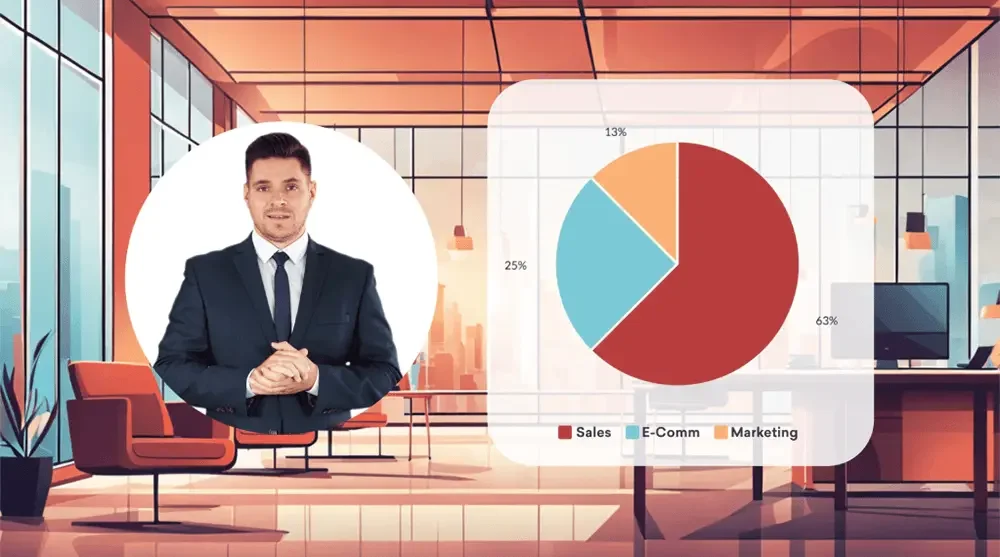 Vyond output sample showing an animated business professional presenting a data pie chart in a modern office illustration style.