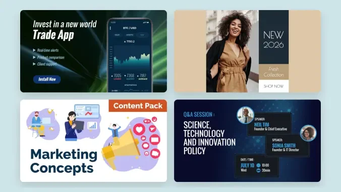 Vyond output sample showing animated marketing concepts with illustrative graphics and social media icons.
