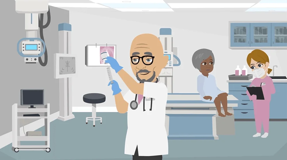 Vyond animated scene showing a doctor preparing an injection, a nurse taking notes, and a patient in a medical examination room.