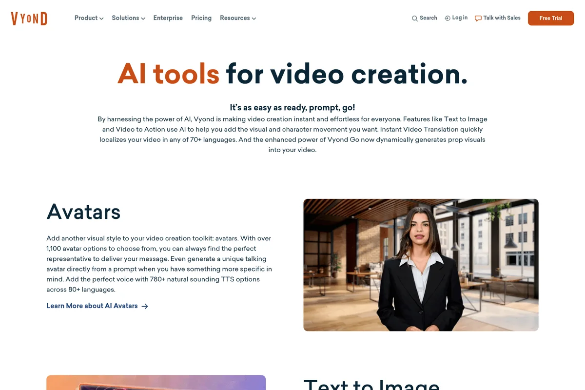 Vyond AI Avatars feature showing a generated photorealistic avatar in a modern office setting.