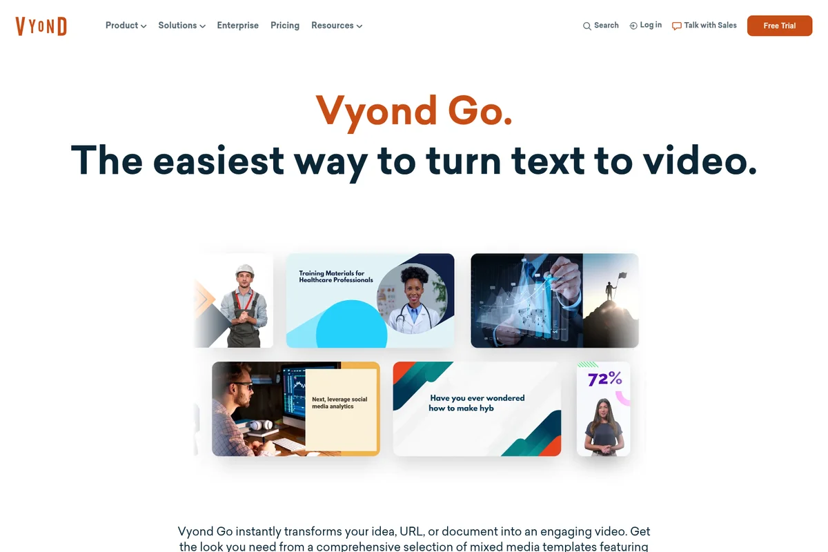 Vyond Go landing page showcasing diverse video templates for turning text to video with a clean, modern grid layout.