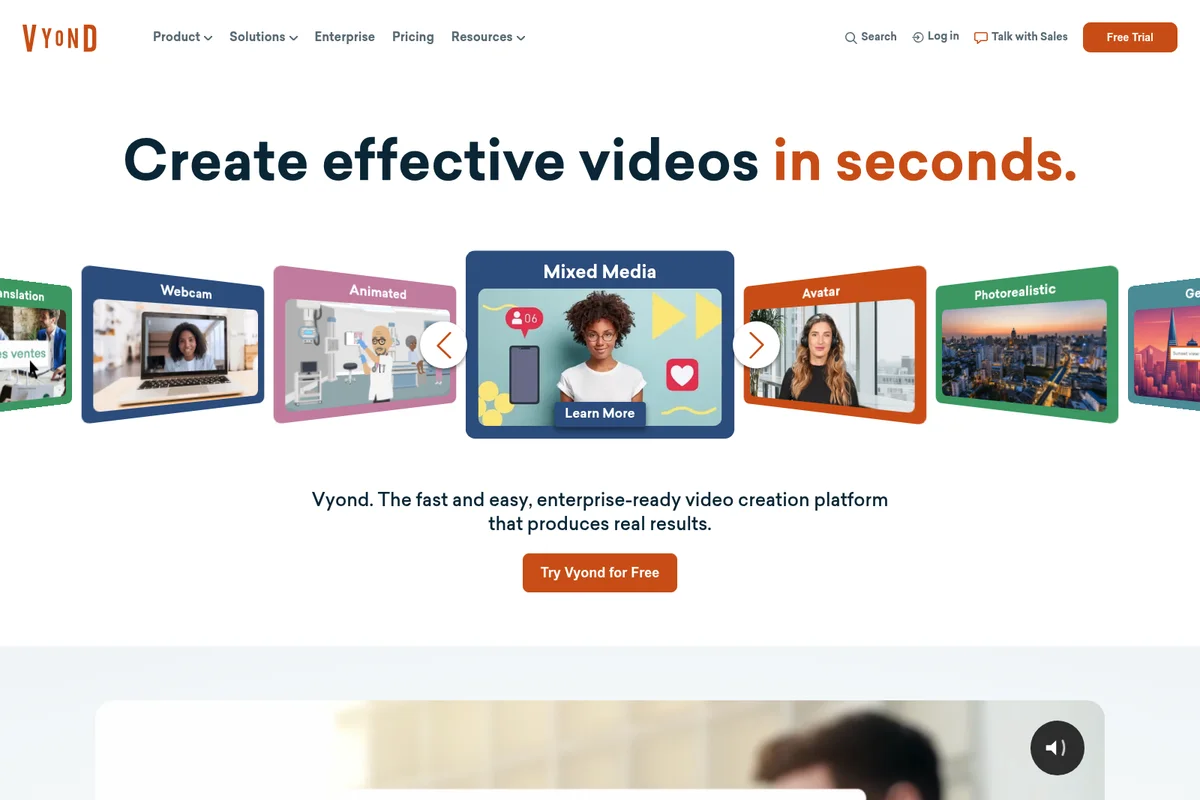 Vyond homepage hero showing various video creation types like Webcam, Animated, Mixed Media, Avatar, Photorealistic, and Generative with a modern interface.