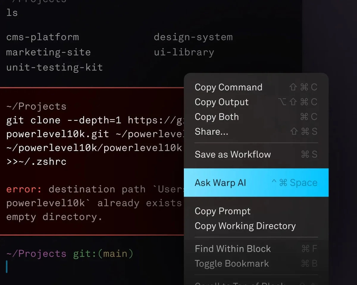 Warp terminal UI showing a right-click context menu with 'Ask Warp AI' highlighted, addressing a git clone error in a dark-mode interface.
