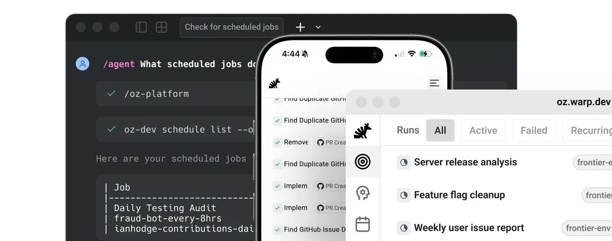 Warp terminal and mobile app displaying scheduled jobs and workflow runs with a modern dark-themed desktop and light-themed mobile UI.