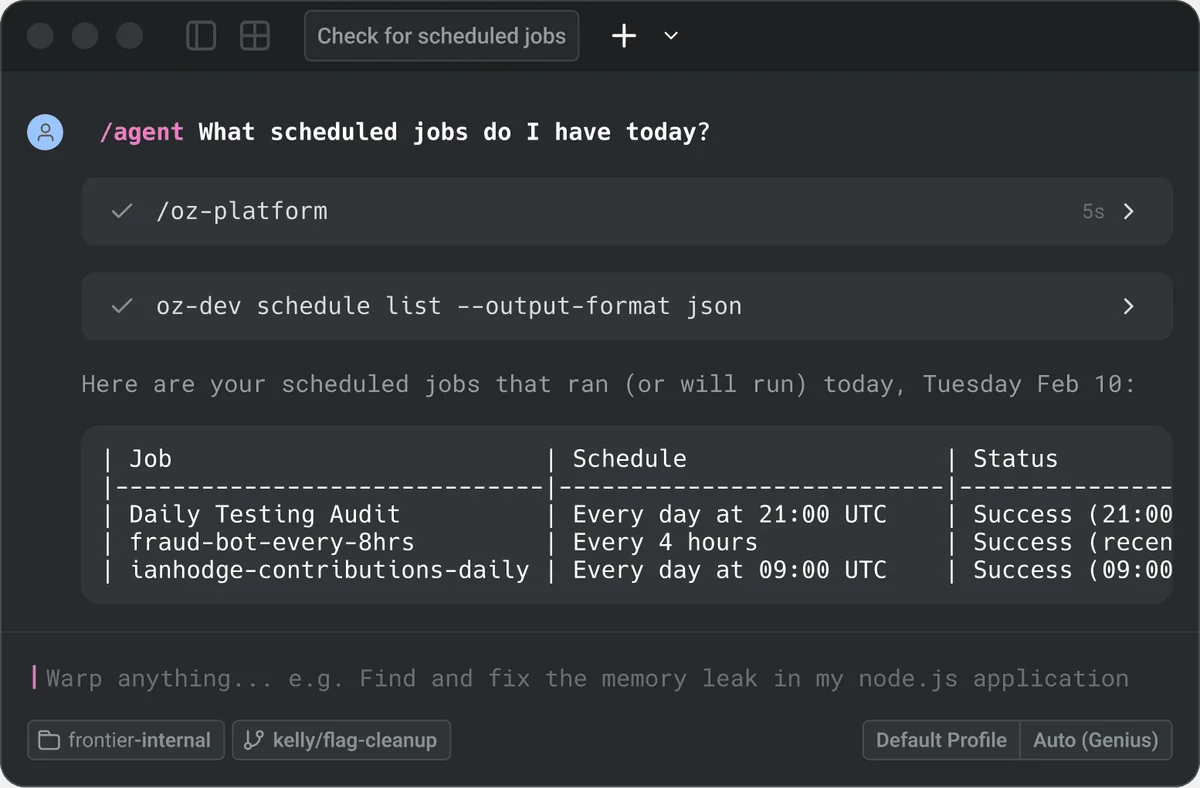 Warp terminal workspace UI showing an AI agent querying scheduled jobs with a modern dark-mode interface.