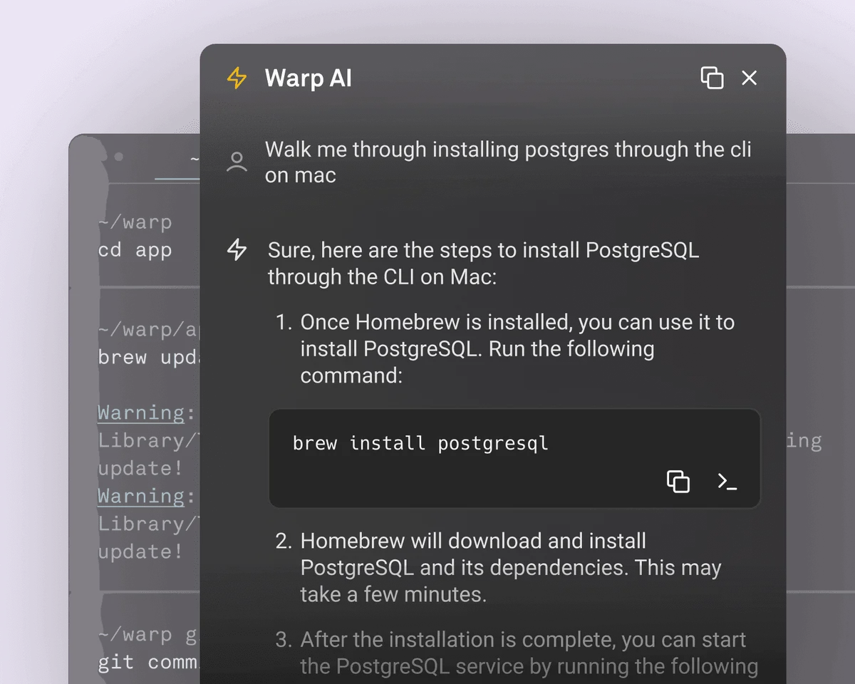 Warp AI chat interface showing steps to install PostgreSQL via CLI on Mac in a dark-mode aesthetic.