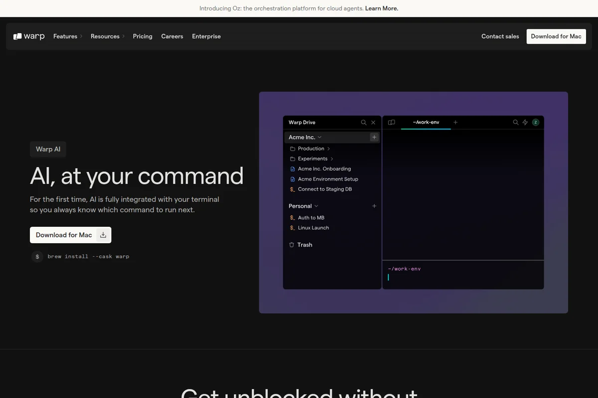 Warp AI feature showing command organization via Warp Drive and an active terminal prompt in a sleek dark theme.