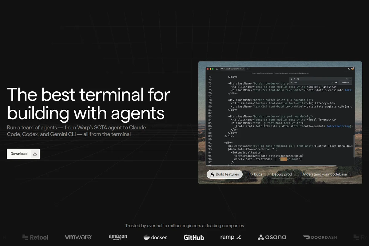 Warp terminal workspace showing code development with AI agent actions and suggestions in a dark-mode sleek interface.