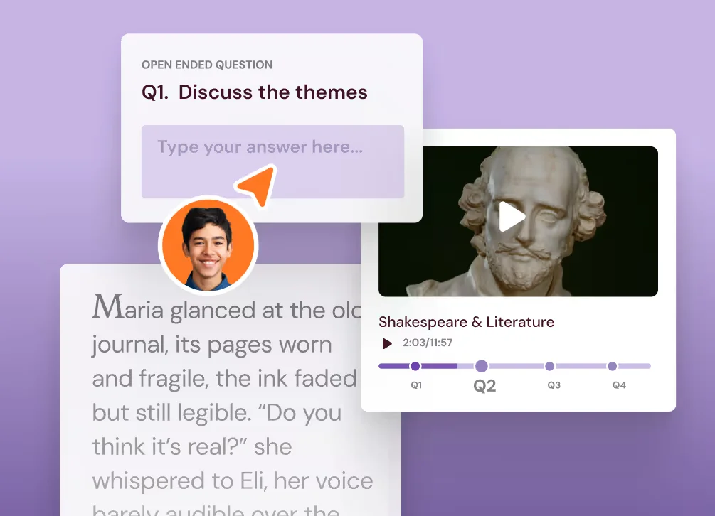 Wayground interactive learning workspace showing an open-ended question, a video lesson, and a text passage with a modern, clean interface.