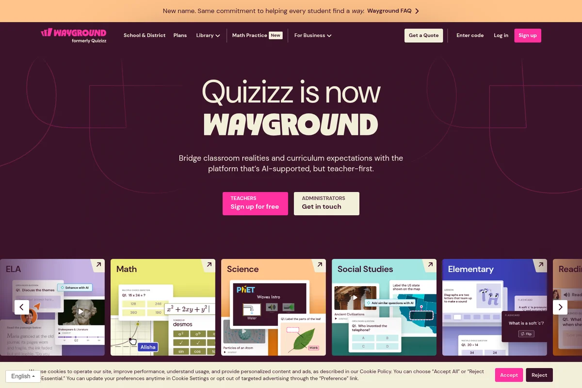 Wayground homepage showcasing the brand transition from Quizizz and subject-specific learning modules with an AI-supported, teacher-first platform theme.