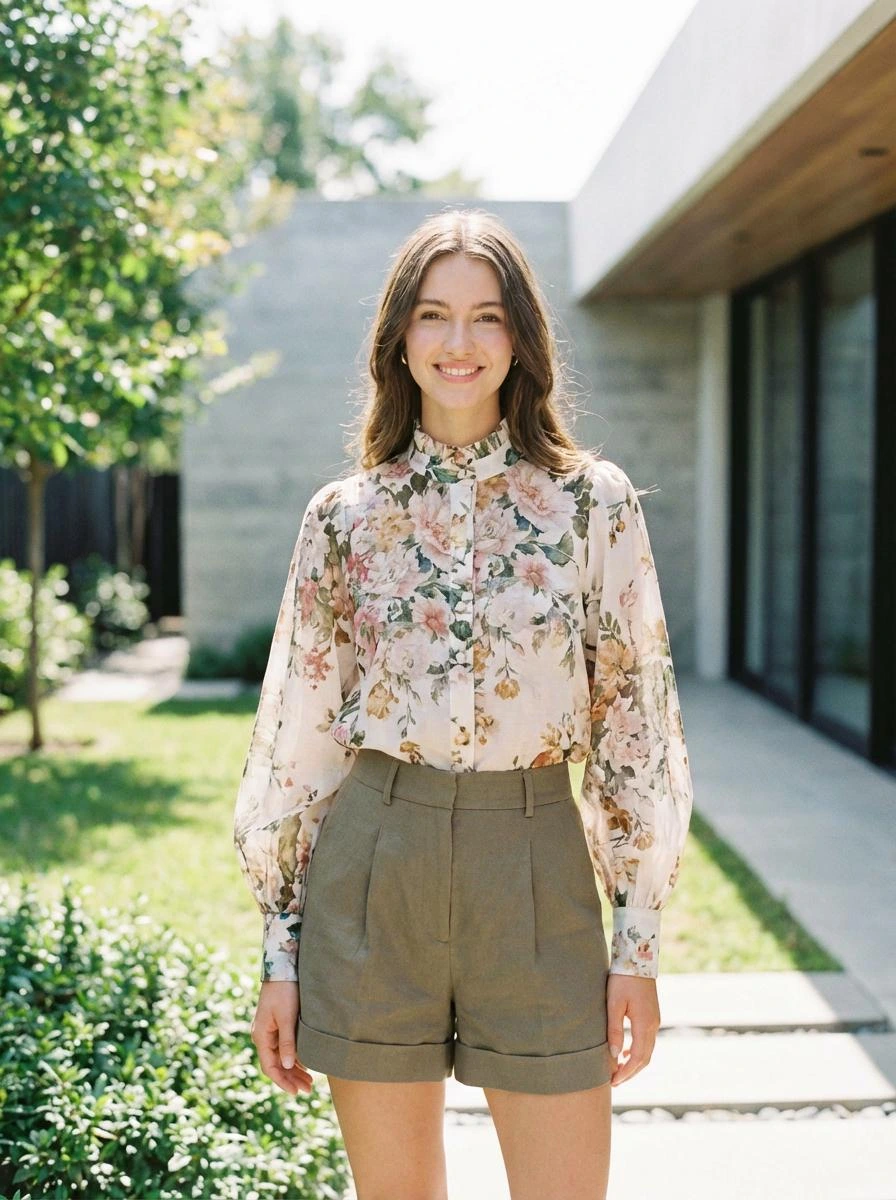 weshop-ai AI-generated fashion output featuring a woman in a floral blouse and green shorts in an outdoor setting.
