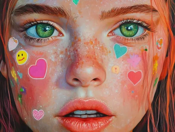 weshop-ai landing-hero displaying a vibrant hyperrealistic portrait of a young woman with colorful face stickers and striking green eyes.