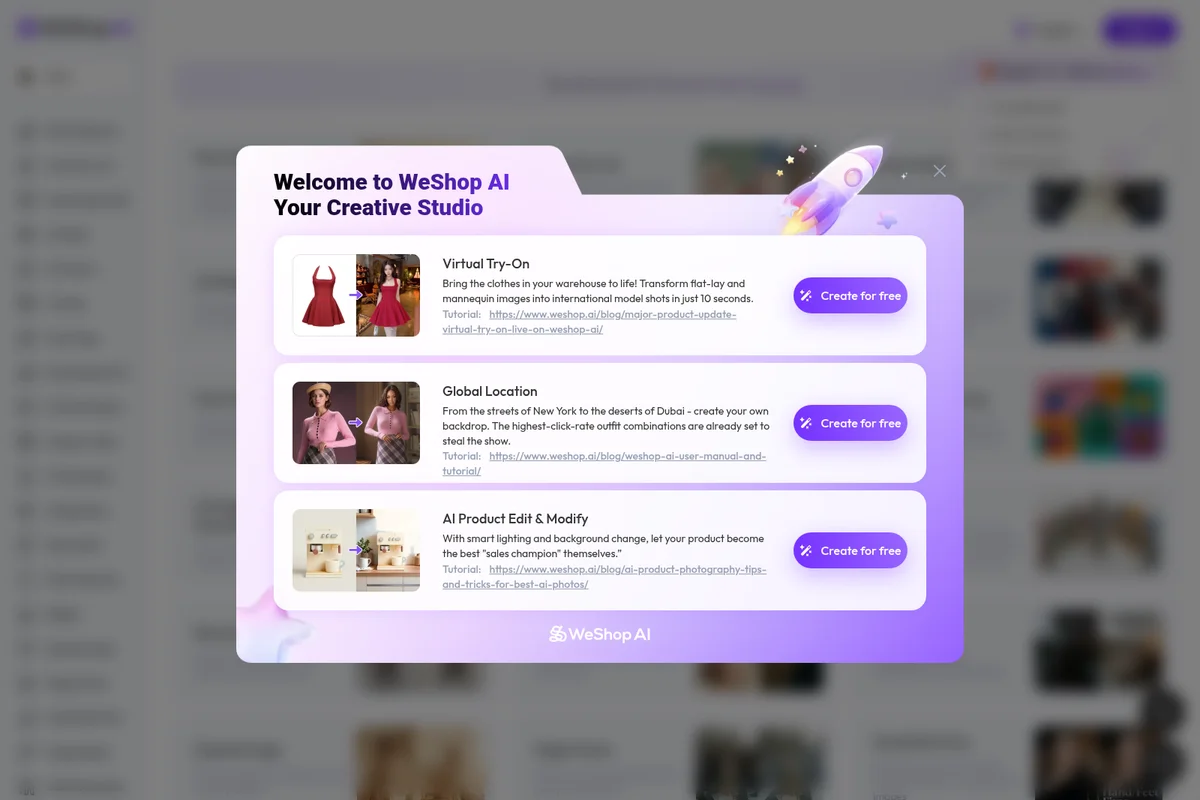 WeShop AI welcome screen detailing Virtual Try-On, Global Location, and AI Product Edit features with visual examples.