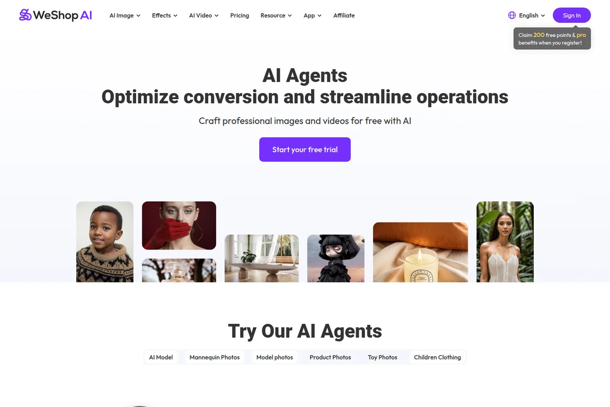 WeShop AI landing page showcasing AI Agents and diverse image generation capabilities with a clean design.