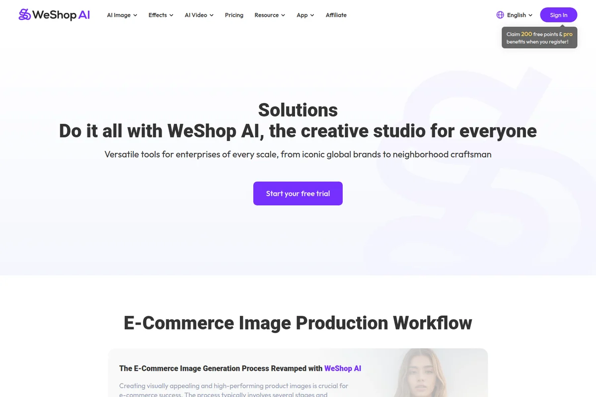 WeShop AI landing-hero section introducing the creative studio's versatile tools with a clean, modern interface.