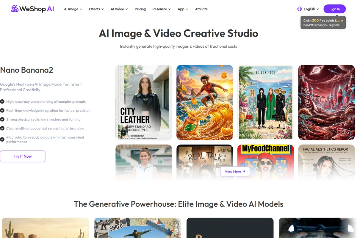 WeShop AI homepage showcasing diverse AI-generated image and video outputs with a modern, clean design.