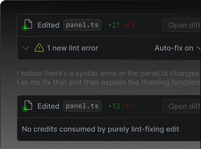Windsurf code editor showing AI automatically fixing a lint error in a TypeScript file with a sleek dark-mode interface.