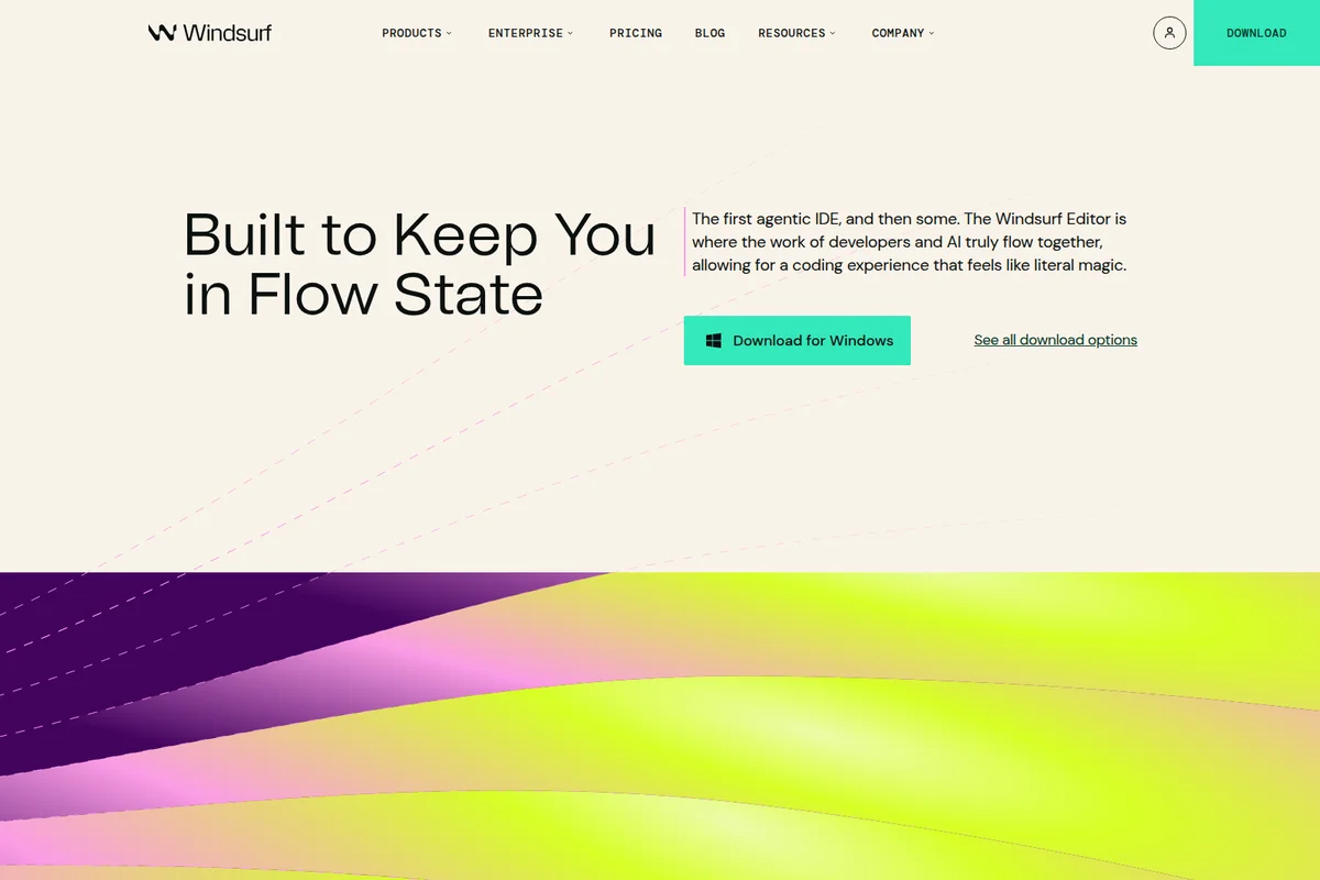 Windsurf landing page hero section showcasing its agentic IDE capabilities and 'flow state' coding experience with a clean, modern design and vibrant abstract graphics.
