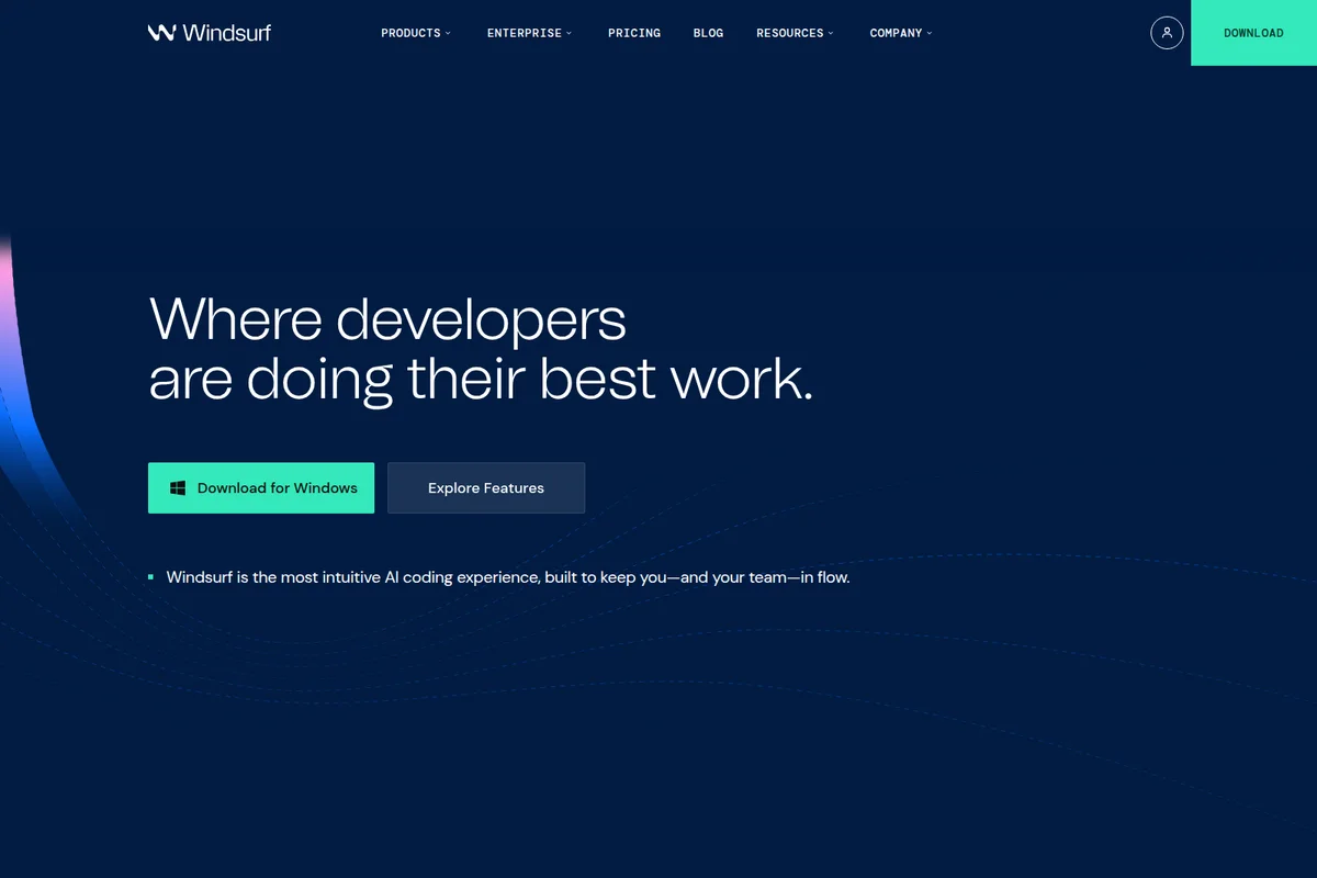Windsurf homepage hero showcasing a developer-focused value proposition with a dark-mode, clean interface.