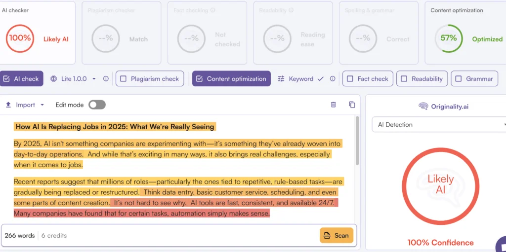 Winston AI workspace showing AI content detection with highlighted text results in a clean light theme.