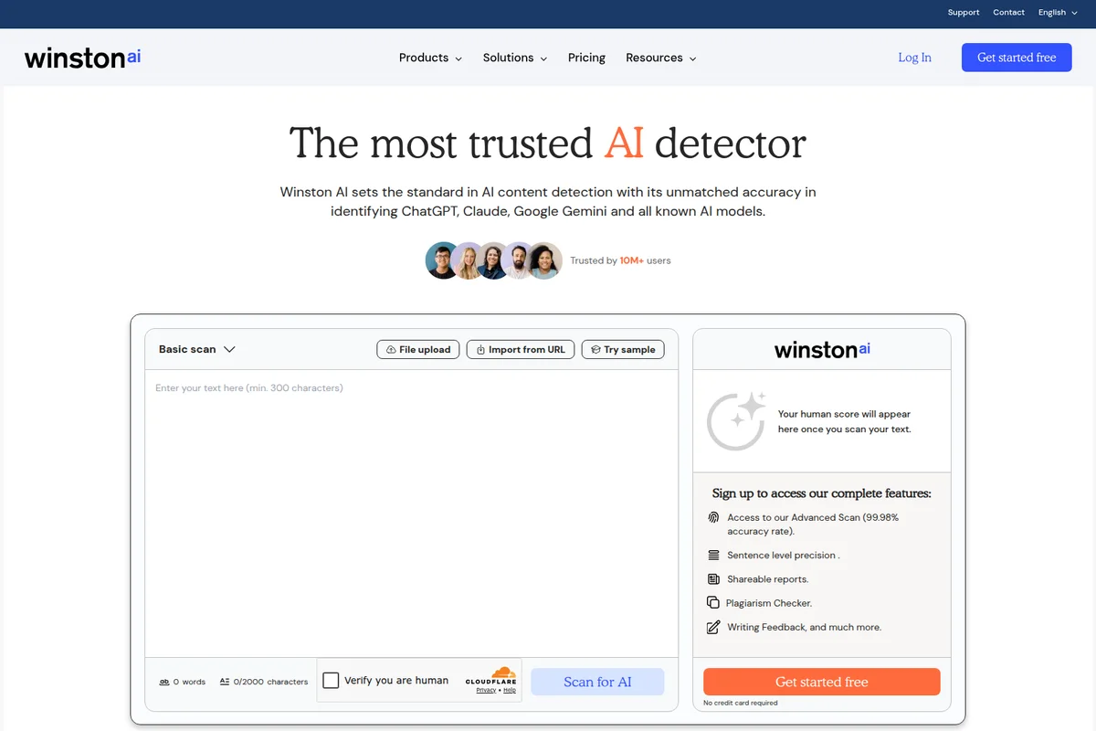 Winston AI content detection workspace with a text input field and a placeholder for human score results.