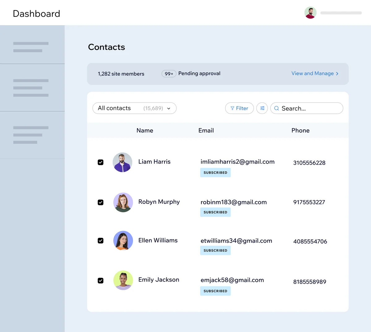 Wix-AI Contacts Dashboard showing user details, subscription status, and filter options in a clean, modern interface.