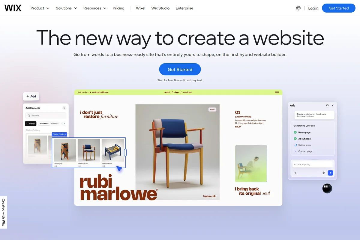 Wix AI homepage showcasing AI-powered website creation with an interactive drag-and-drop editor and generative AI assistant.
