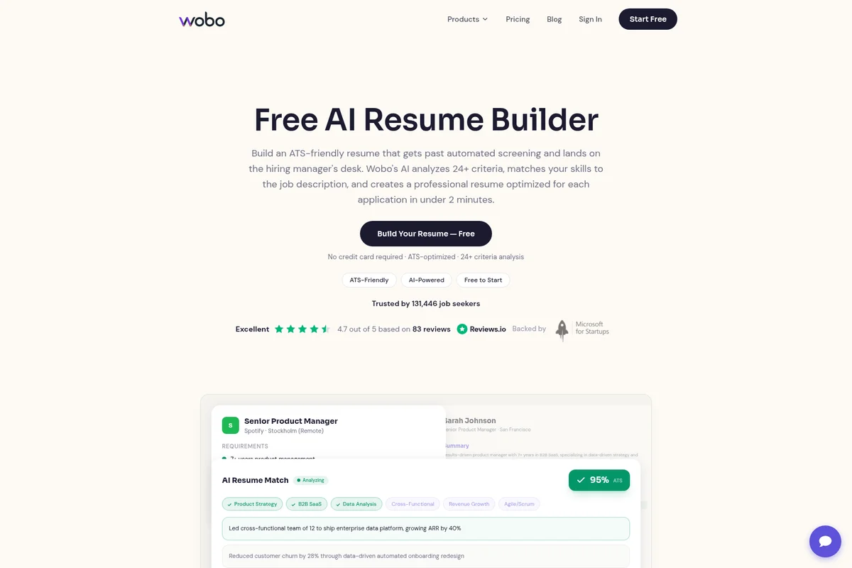 Wobo AI resume builder workspace showing an AI resume match with job requirements and a 95% ATS score in a clean, modern interface.