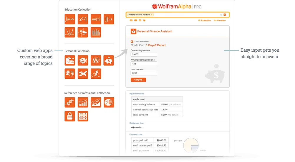 Wolfram Alpha PRO Personal Finance Assistant showing credit card payoff calculation with a clean, light-themed interface.