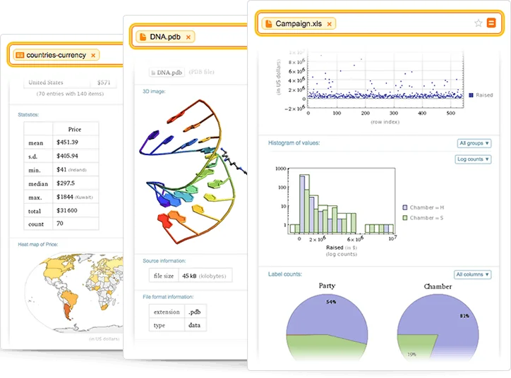 Wolfram Alpha workspace UI demonstrating diverse data analysis, 3D model viewing, and statistical visualizations in a clean, professional interface.
