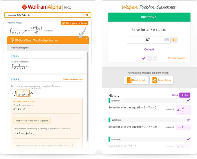 WolframAlpha PRO showing step-by-step calculus solution and Wolfram Problem Generator showing interactive math practice with a clean light-theme interface.