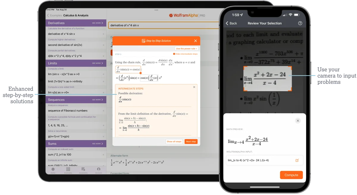 Wolfram Alpha math solver showing step-by-step derivative solutions on a tablet and scanned limit problem input on a smartphone with a clean UI.