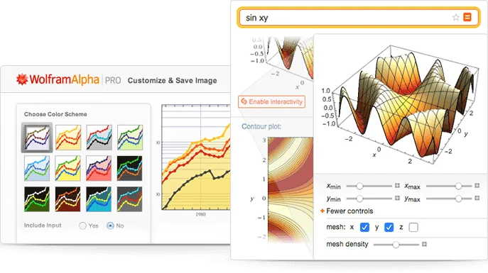 WolframAlpha workspace showing interactive 3D and contour plots for 'sin xy' with customization controls.
