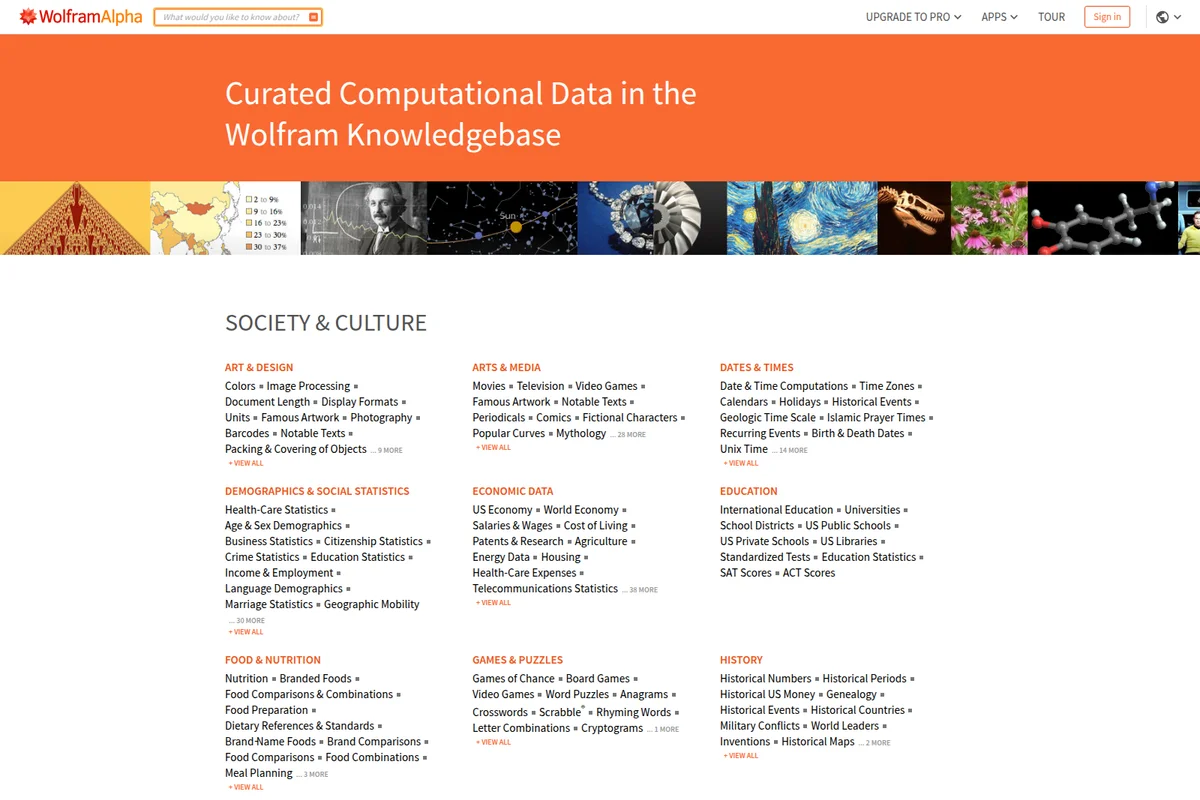 WolframAlpha feature deep-dive showing curated data categories with a clean white and orange interface, highlighting diverse knowledge domains.