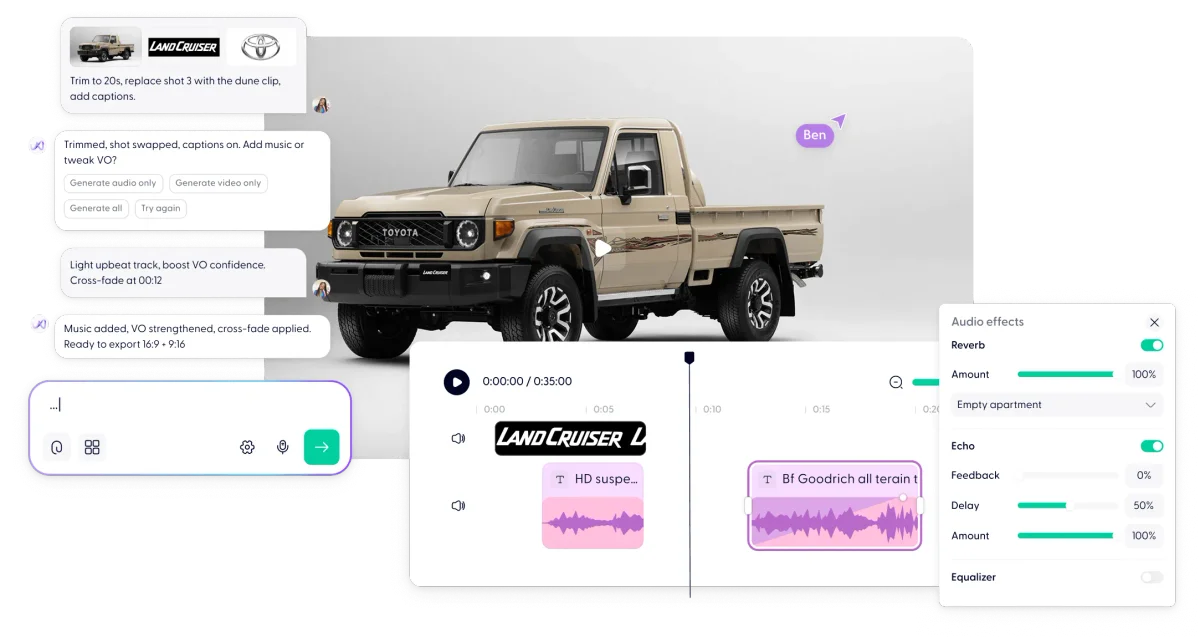 Wondercraft AI video editor workspace showing conversational video editing and a timeline with audio effects.