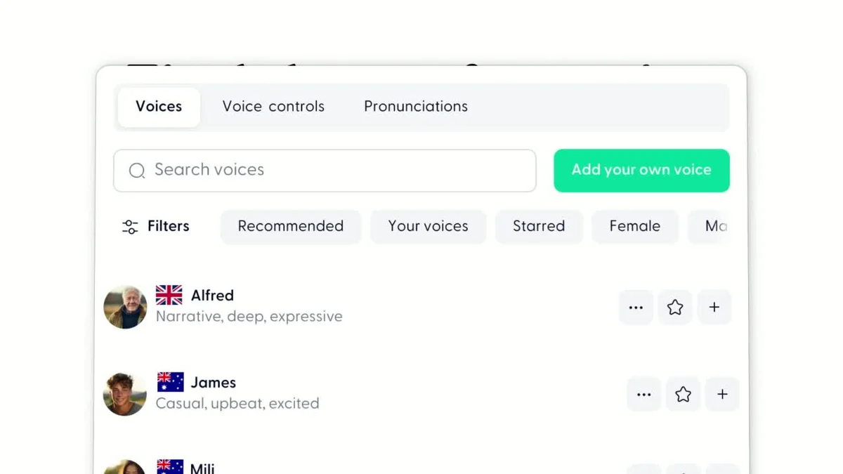 Wondercraft voice gallery showing available male and female voices with a clean, modern interface.