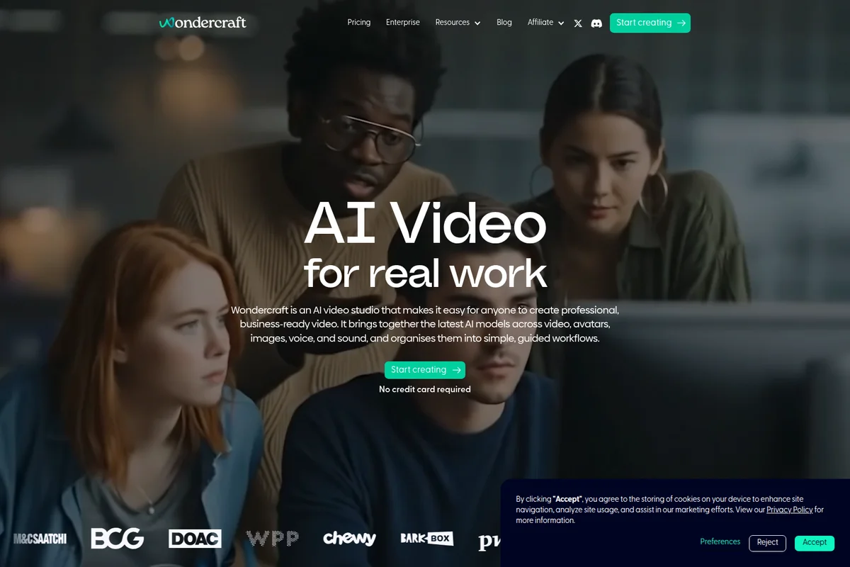 Wondercraft landing hero showcasing 'AI Video for real work' with a diverse team collaborating around a screen and a dark theme.