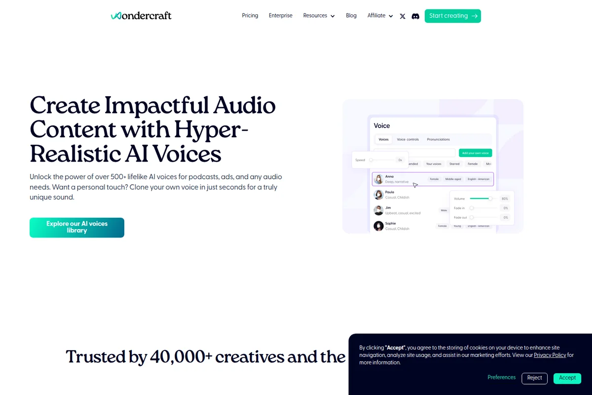 Wondercraft AI voice generator interface showing a list of AI voices, speed, and volume controls with a clean, modern design.