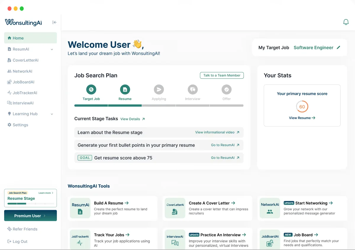 WonsultingAI dashboard showing a personalized job search plan, resume score, and AI tools with a modern, light interface.