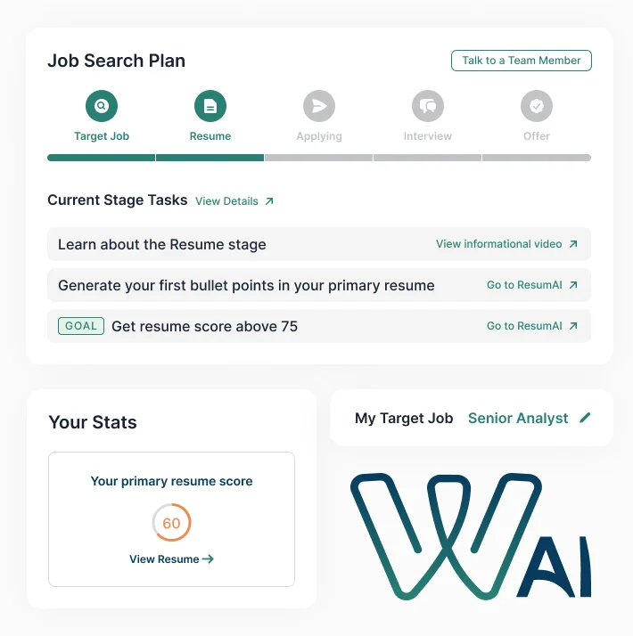 WonsultingAI workspace showing a job search plan with resume building tasks and a real-time resume score.