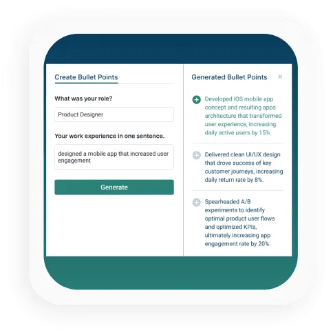 WonsultingAI workspace UI showing resume bullet points being generated from user input in a clean, modern interface.