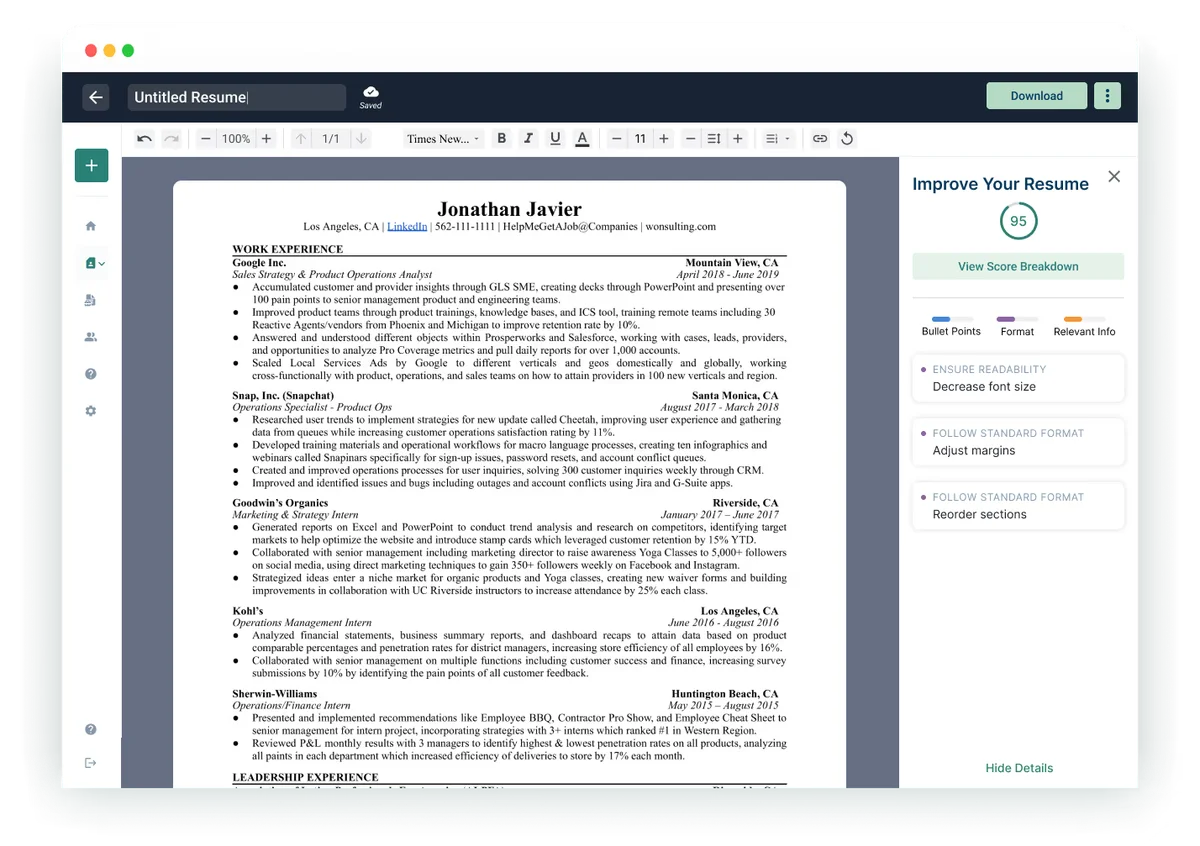 wonsultingai workspace UI showing a resume editor with AI-powered improvement suggestions and a score of 95 in a modern web application interface.
