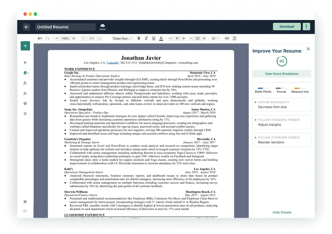 WonsultingAI resume editor workspace showing a user's resume and AI-powered improvement suggestions in a clean interface.