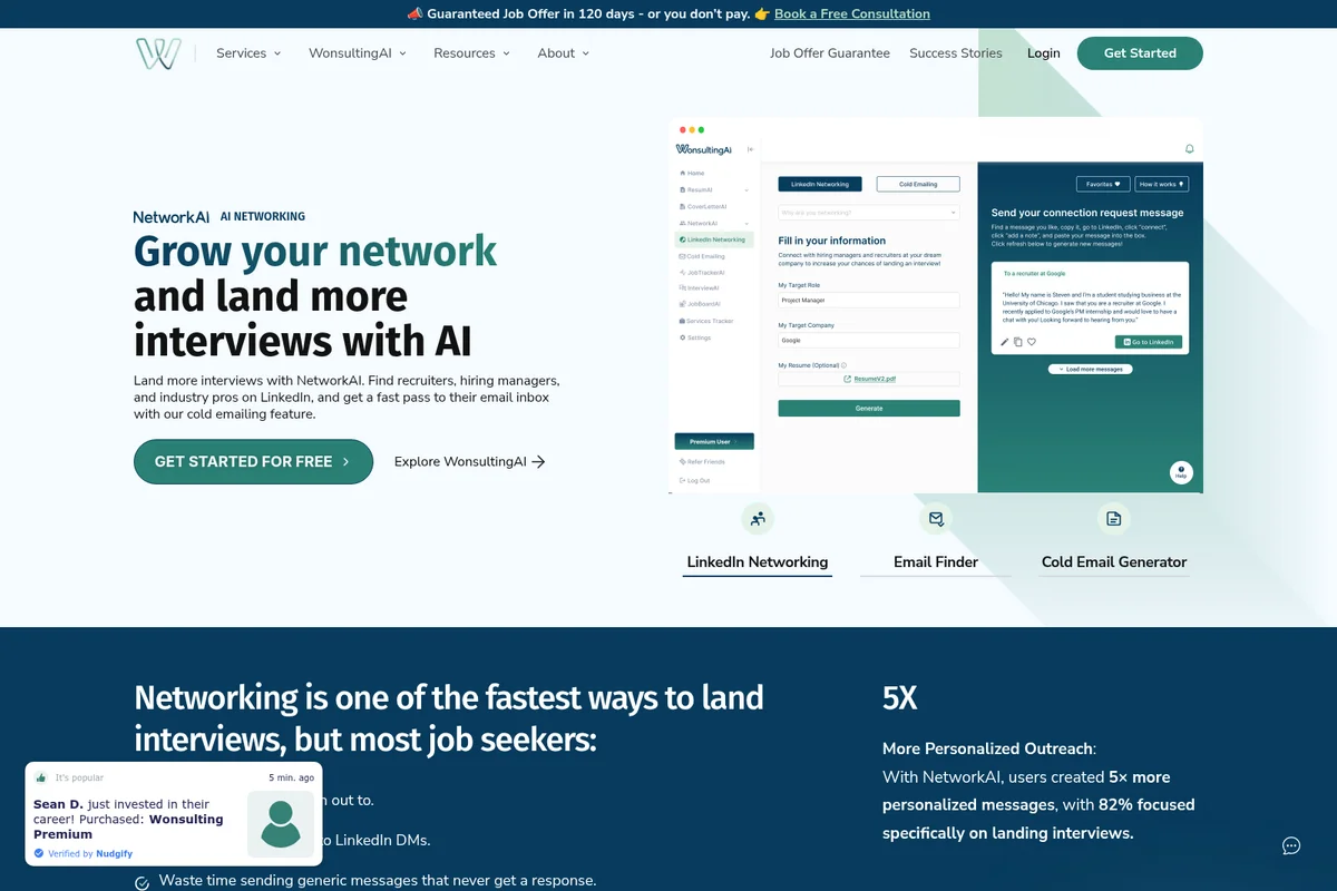 WonsultingAI NetworkAI homepage showing AI generating personalized LinkedIn connection messages with a clean, modern interface.